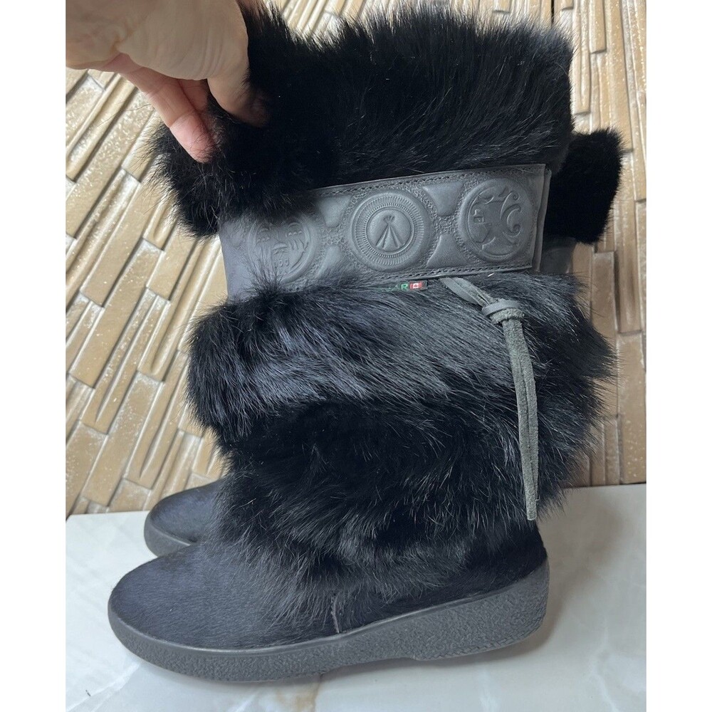 Pajar Black Fur, Shearling Lining Leather Tall Flat Boots EU 38 Us 7 7.5 Women